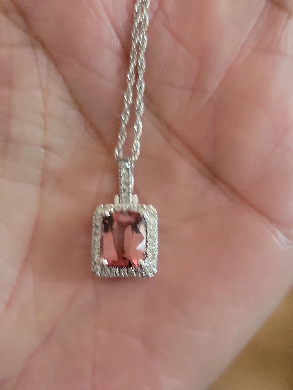14k White Gold 4ct Pink Rubellite Diamond Halo Pendant Necklace